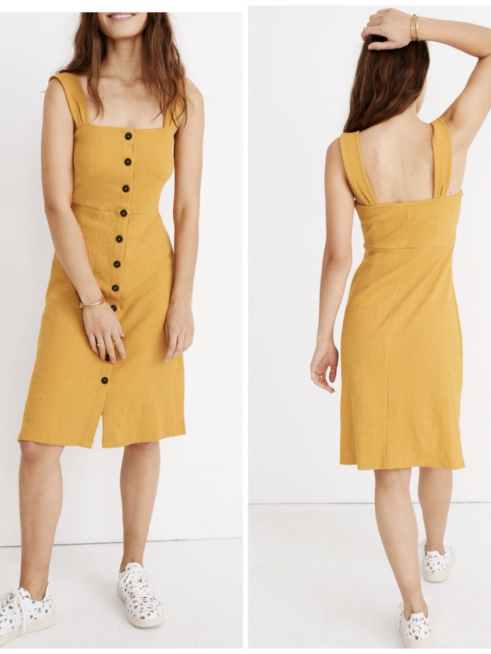 $90 Madewell Texture & Thread Mustard Yellow Button-Front Tank Midi Dress Size L